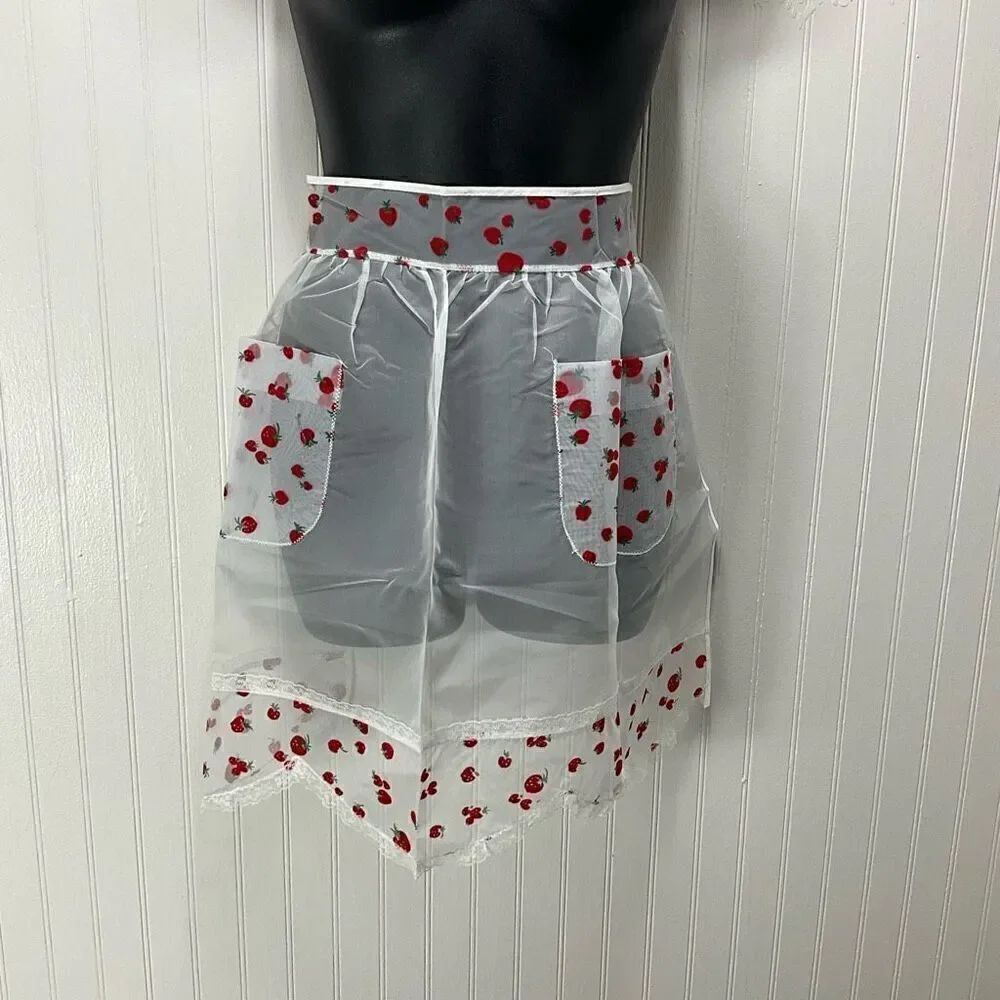 VINTAGE 50’s Sheer Half Apron With Strawberries